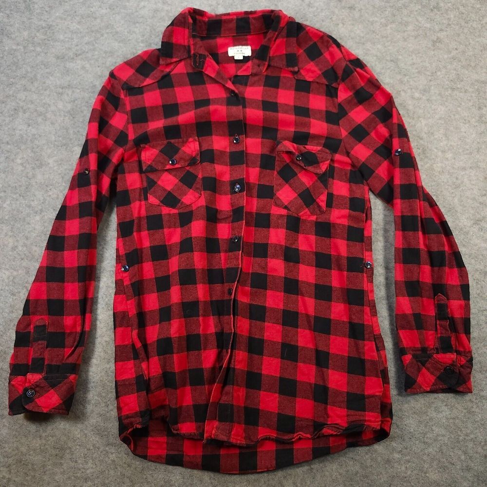 Matchstick Shirt Womens L Red Black Plaid Tartan Casual Coastal Roll Tab Sleeves
